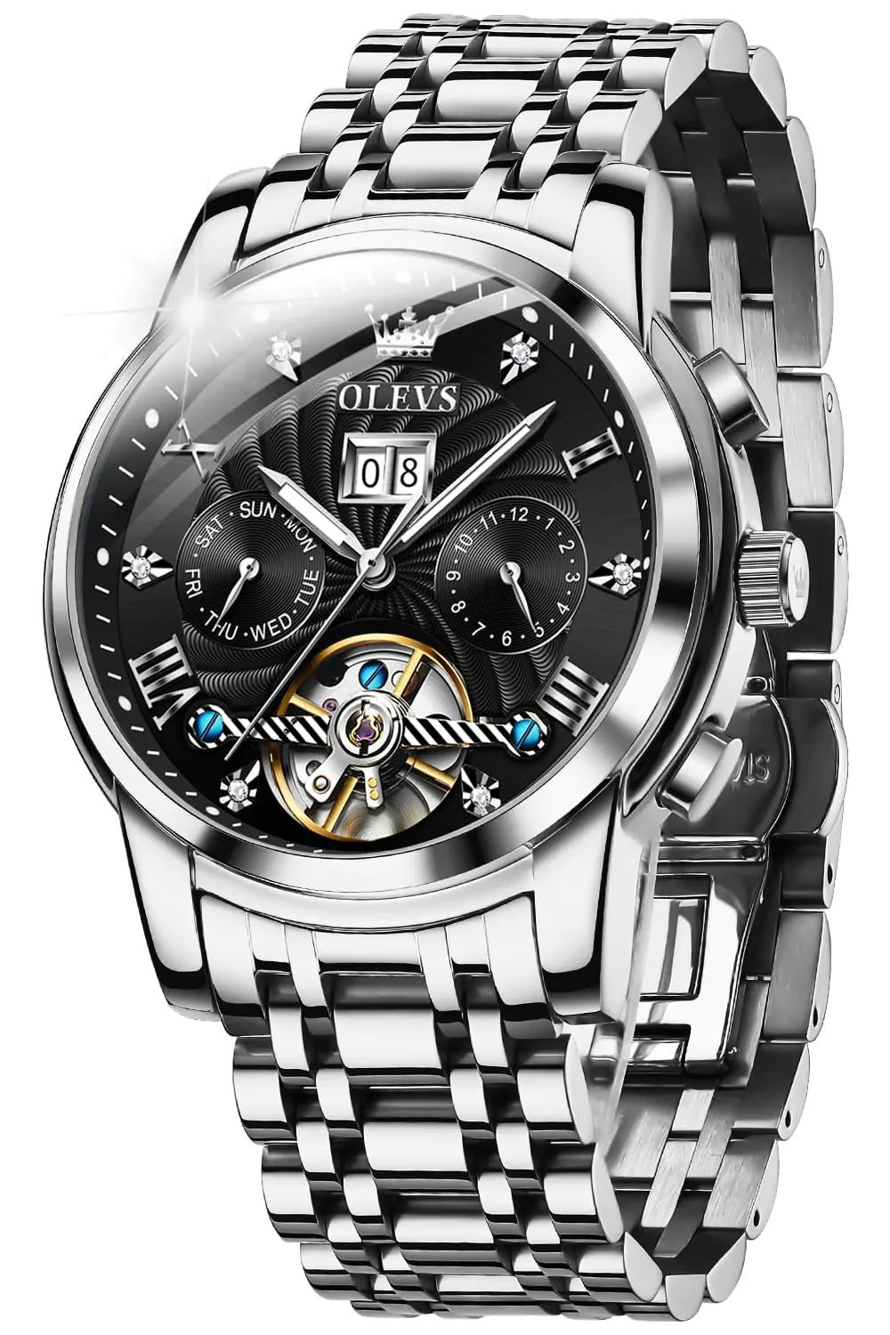 OLEVS Automatic Watches for Men Diamond Skeleton Mechanical Tourbillon Silver Black Self Winding Luxury Dress Wrist Watches Calendar Luminous Waterproof